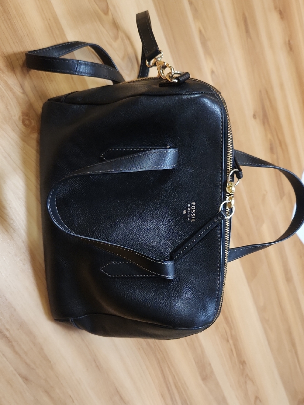 Fossil SydneyBlack Leather Satchel with Gold Hardware